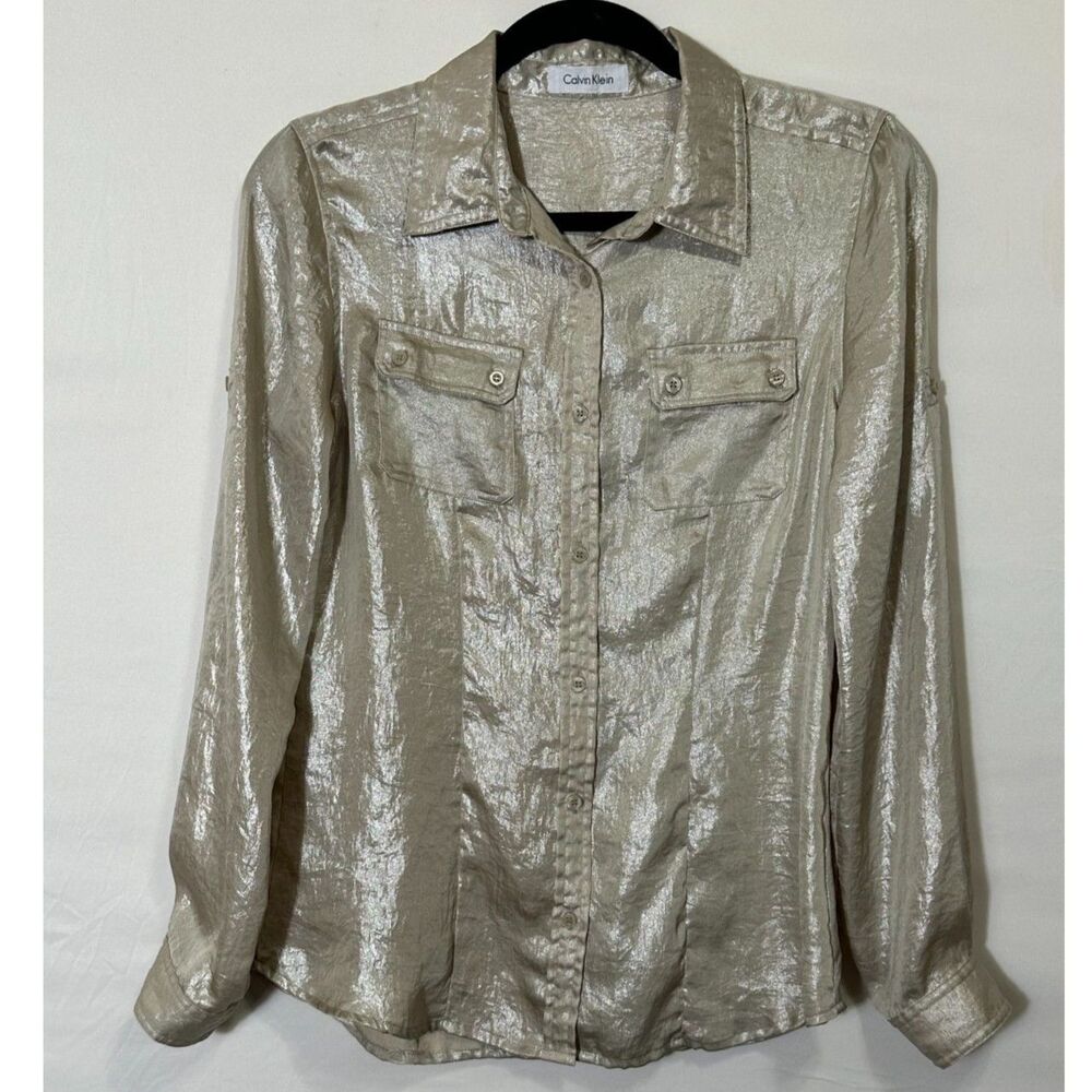 Calvin Klein Women's Vintage Metallic Gold/Silver Crinkle Button-Down Shirt SZ M